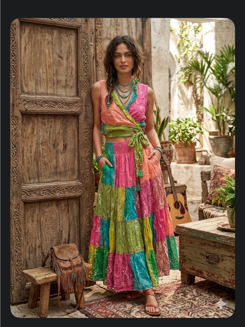 Vibrant Multicolor Patchwork Vest & Maxi Skirt - Boho Tiered Style Set Size S/M